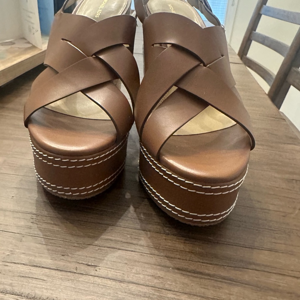 Michael Kors Tan Leather Crisscross Wedge Sandals - Picture 5 of 10